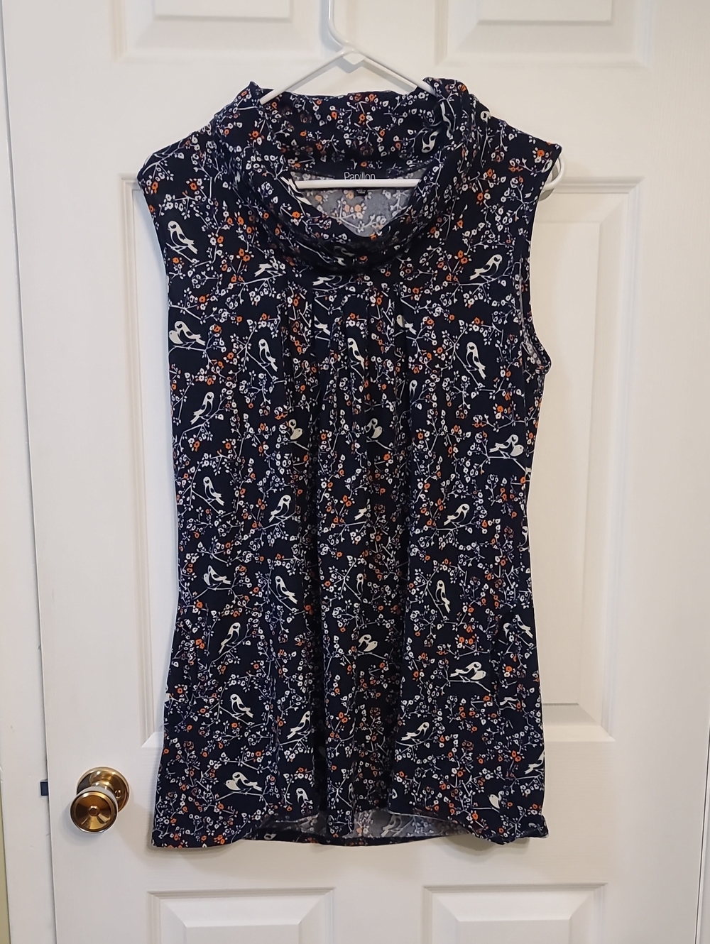 Papillon Blanc Sleeveless Cowl Neck Tunic Dress Pockets Boutique Bird Floral